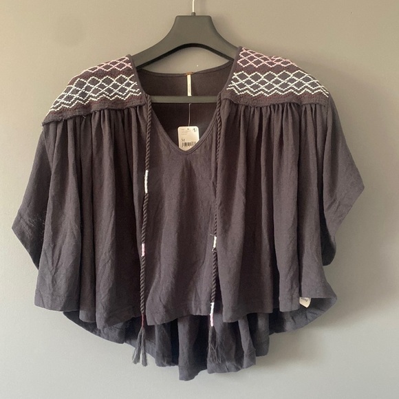 Free People Flowy Indie Sleaze Black Crop Top Embroidered Western Boho - Picture 3 of 12